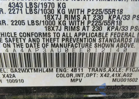 2014 Mitsubishi Outlander Sport Es z USA, uszkodzony, nr VIN 4A4AP3AU0EE012140